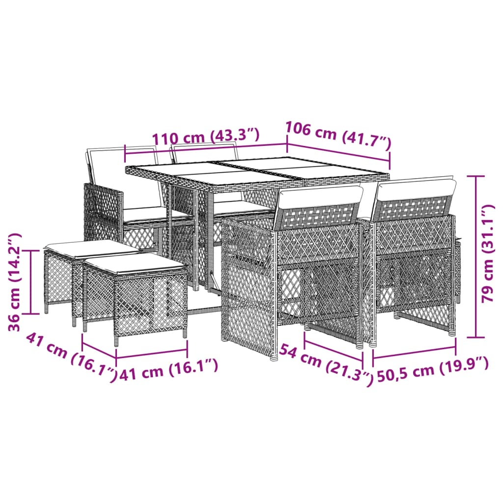 9 pcs conjunto de jantar p/ jardim c/ almofadões vime PE preto