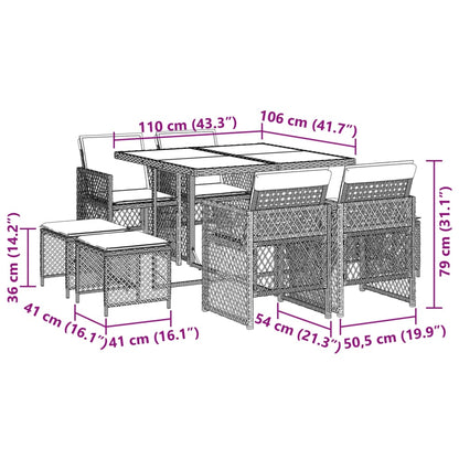 9 pcs conjunto de jantar p/ jardim c/ almofadões vime PE preto