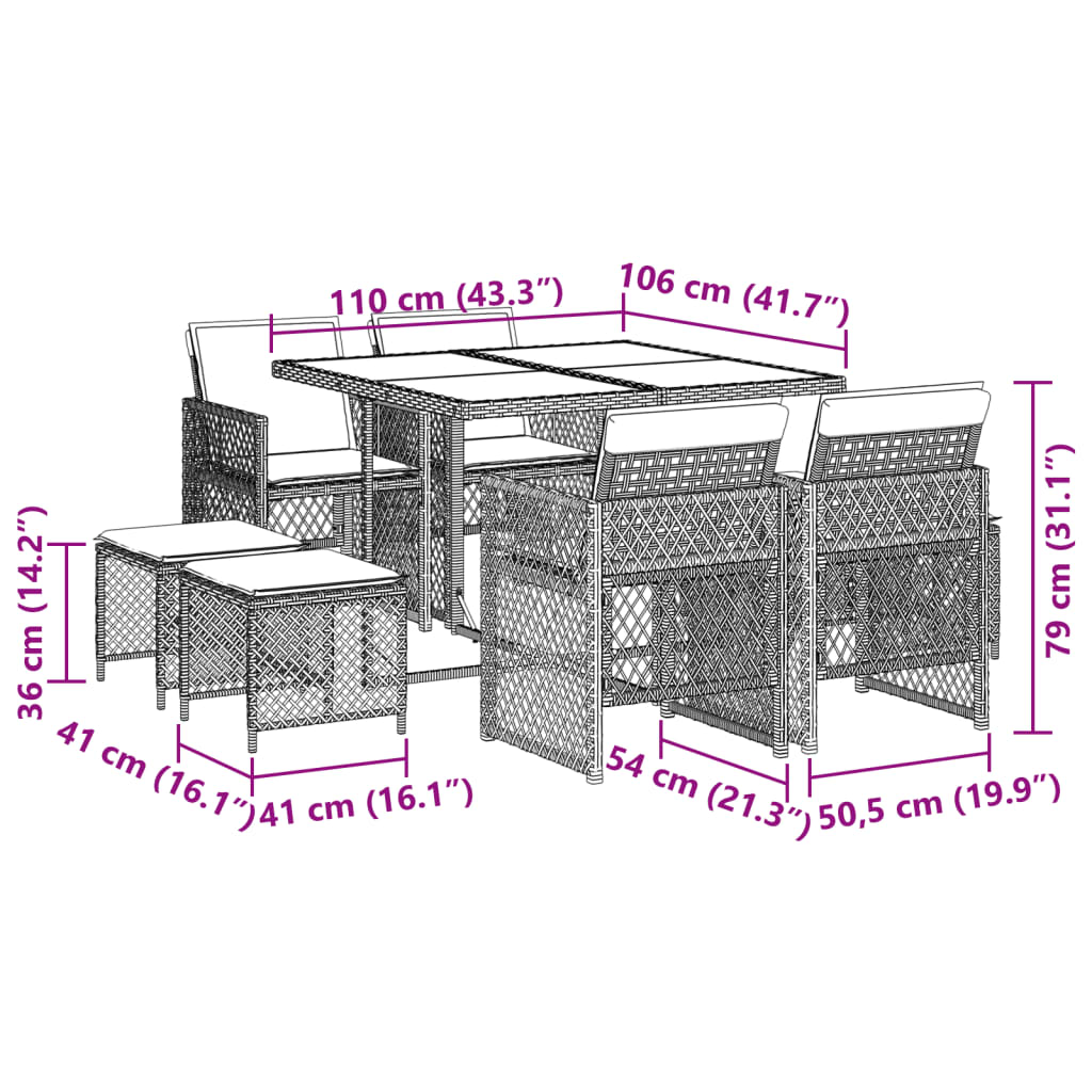 9 pcs conjunto de jantar p/ jardim c/ almofadões cinzento claro