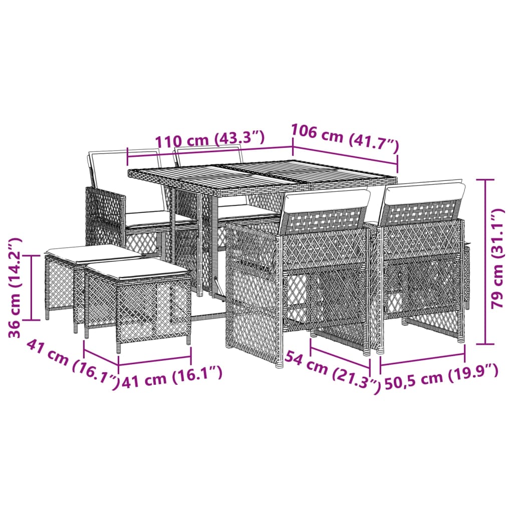 9 pcs conjunto de jantar p/ jardim c/ almofadões vime PE cinza