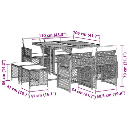 9 pcs conjunto de jantar p/ jardim c/ almofadões vime PE cinza