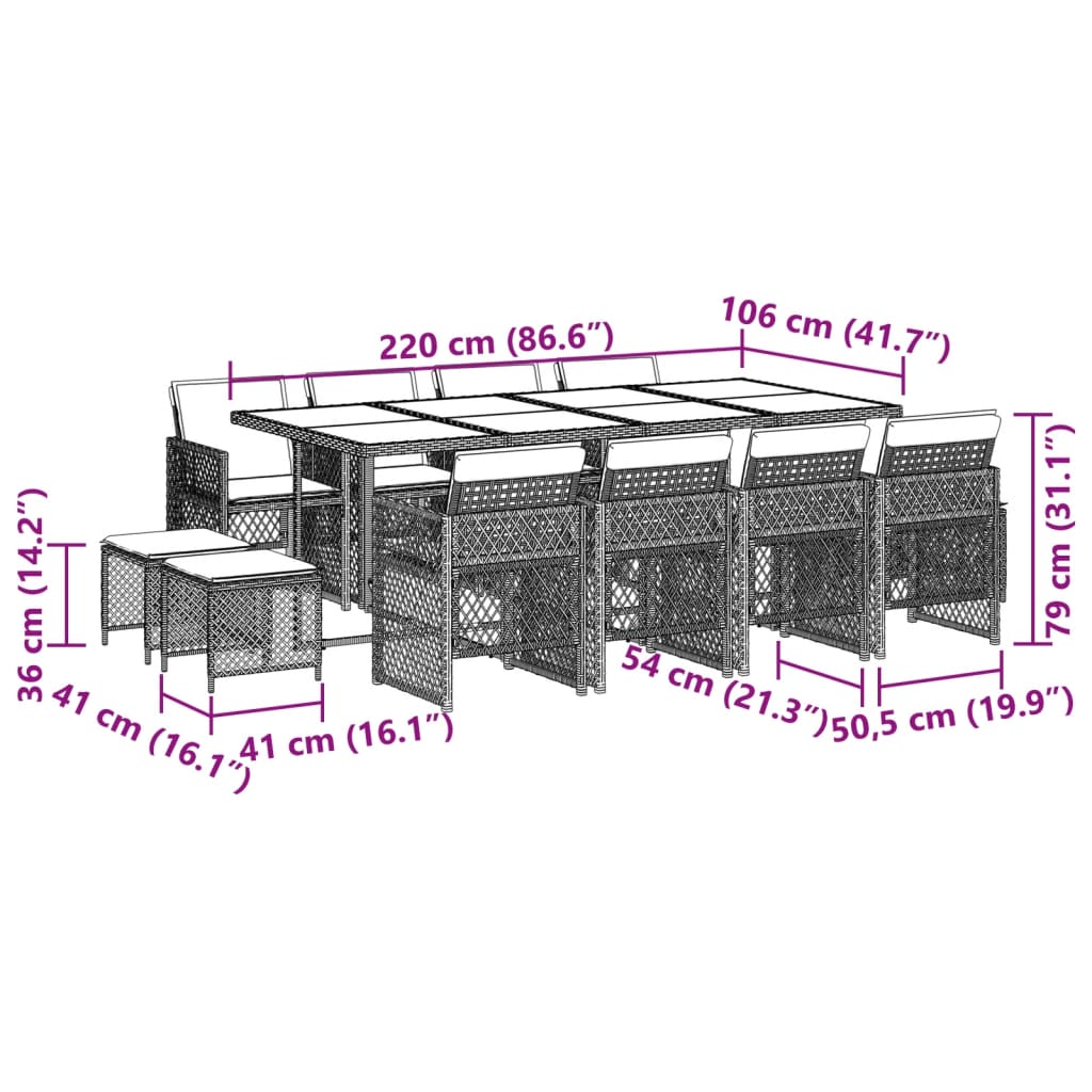 13 pcs conjunto jantar p/ jardim c/ almofadões vime PE cinzento