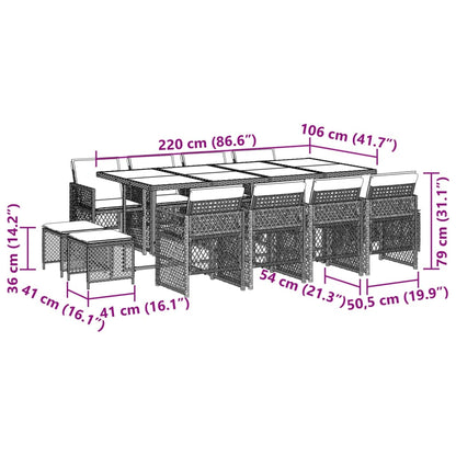 13 pcs conjunto de jantar p/ jardim com almofadões vime PE bege