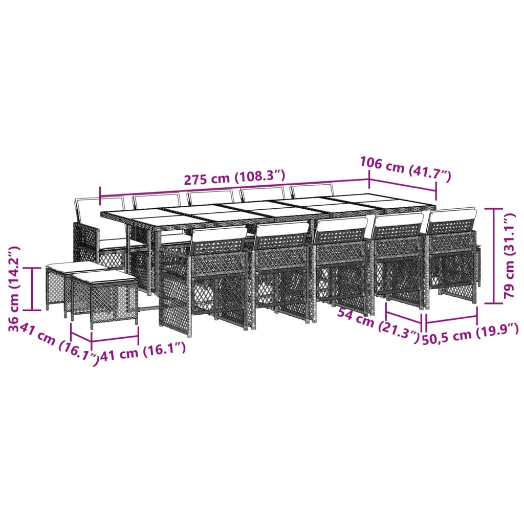 15 pcs conjunto de jantar p/jardim com almofadões vime PE preto