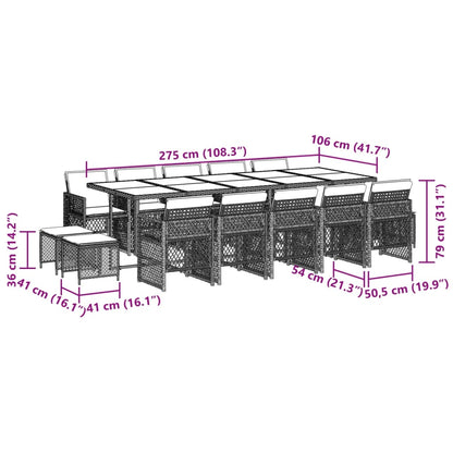 15 pcs conjunto de jantar p/jardim com almofadões vime PE preto