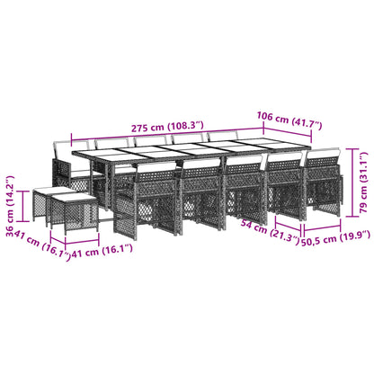 15 pcs conjunto jantar p/ jardim c/ almofadões vime PE cinzento