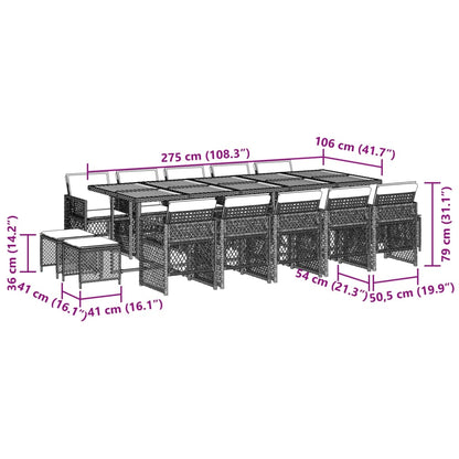 15 pcs conjunto jantar p/ jardim c/ almofadões vime PE cinzento