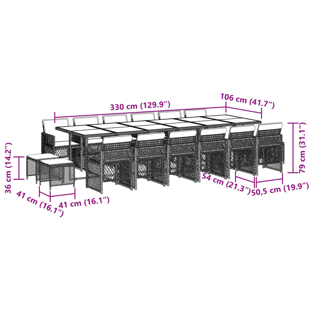 17 pcs conjunto de jantar p/ jardim c/ almofadões vime PE preto