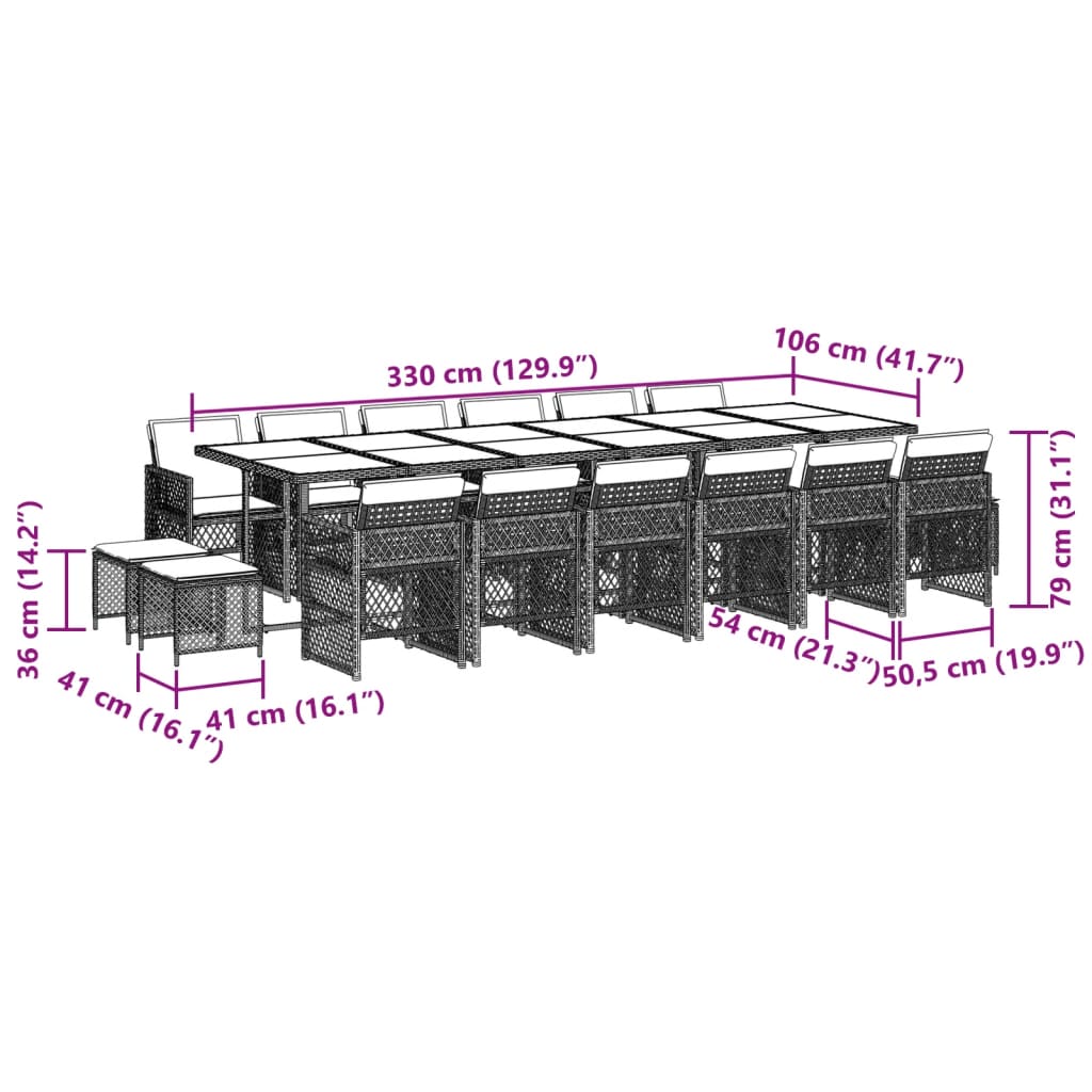 17 pcs conj. jantar jardim c/ almofadões vime PE cinzento-claro