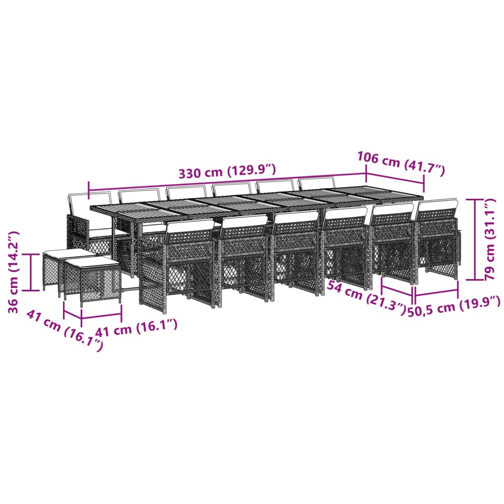 17 pcs conj. de jantar p/ jardim c/ almofadões vime PE cinzento