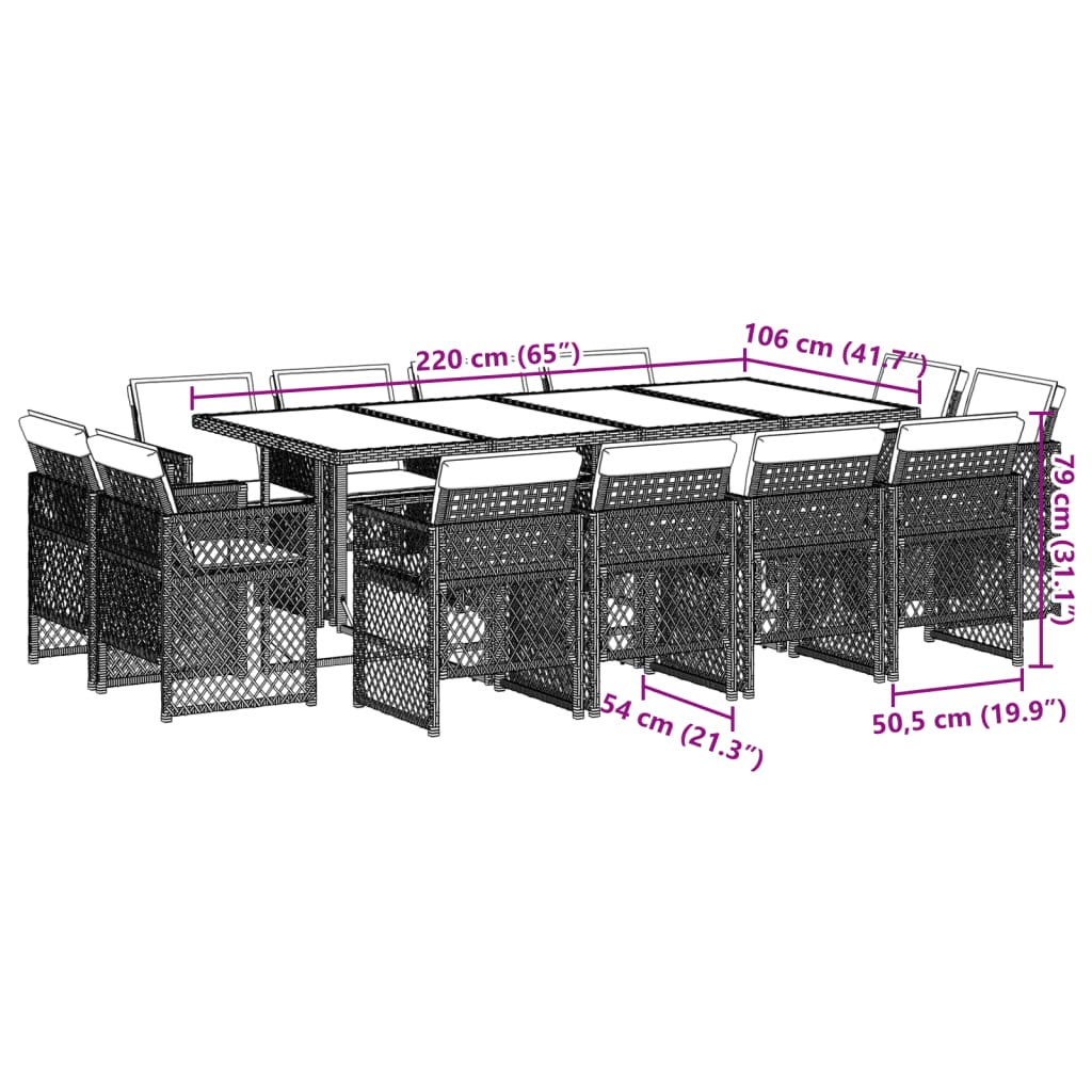 13 pcs conj. jantar jardim c/ almofadões vime PE cinzento-claro