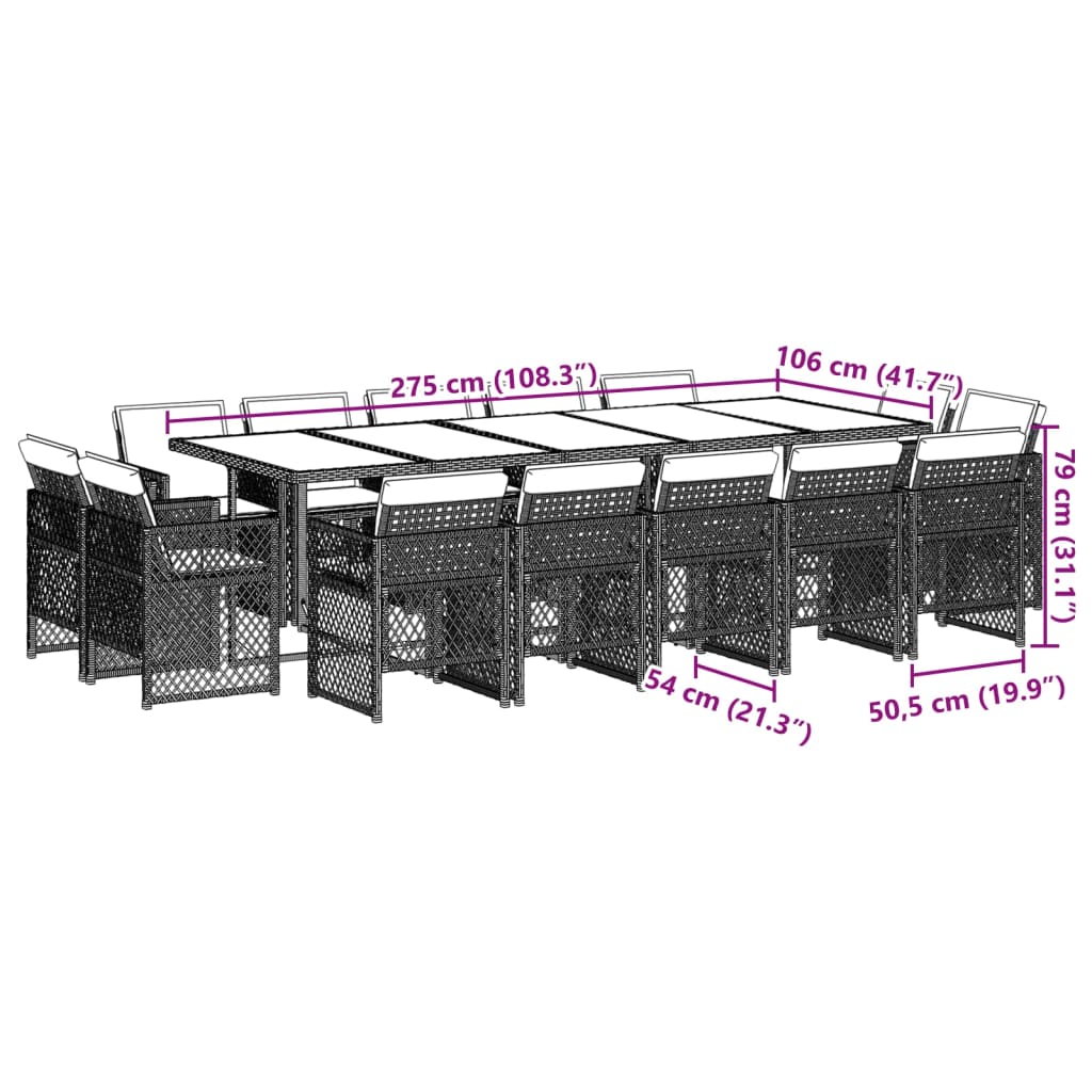 15 pcs conj. jantar jardim c/ almofadões vime PE cinzento-claro