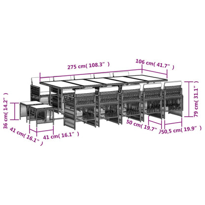 15 pcs conj. jantar jardim c/ almofadões vime PE cinzento-claro