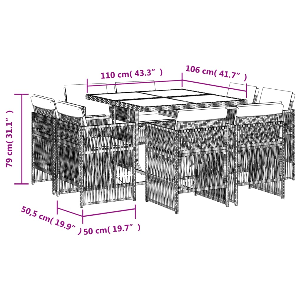 9 pcs conjunto de jantar p/ jardim c/ almofadões cinzento claro