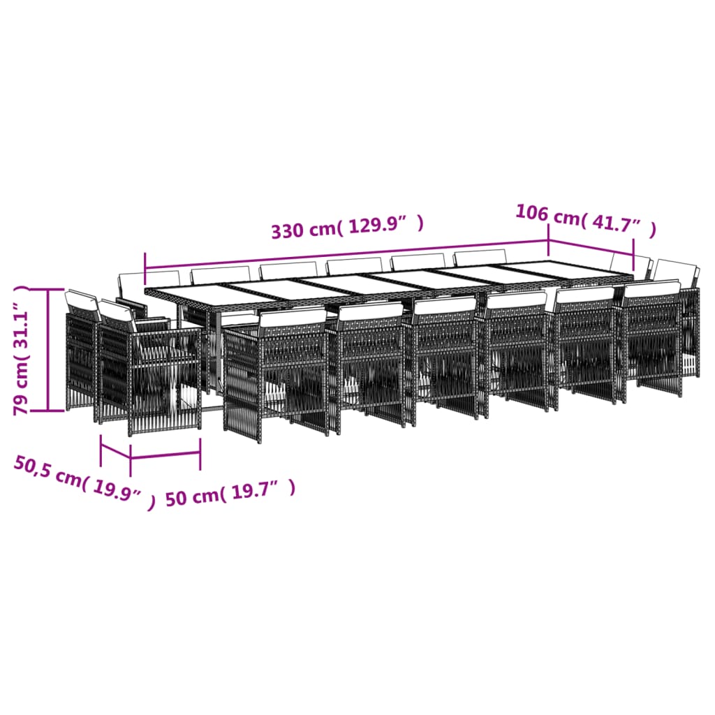 17 pcs conj. jantar jardim c/ almofadões vime PE cinzento-claro