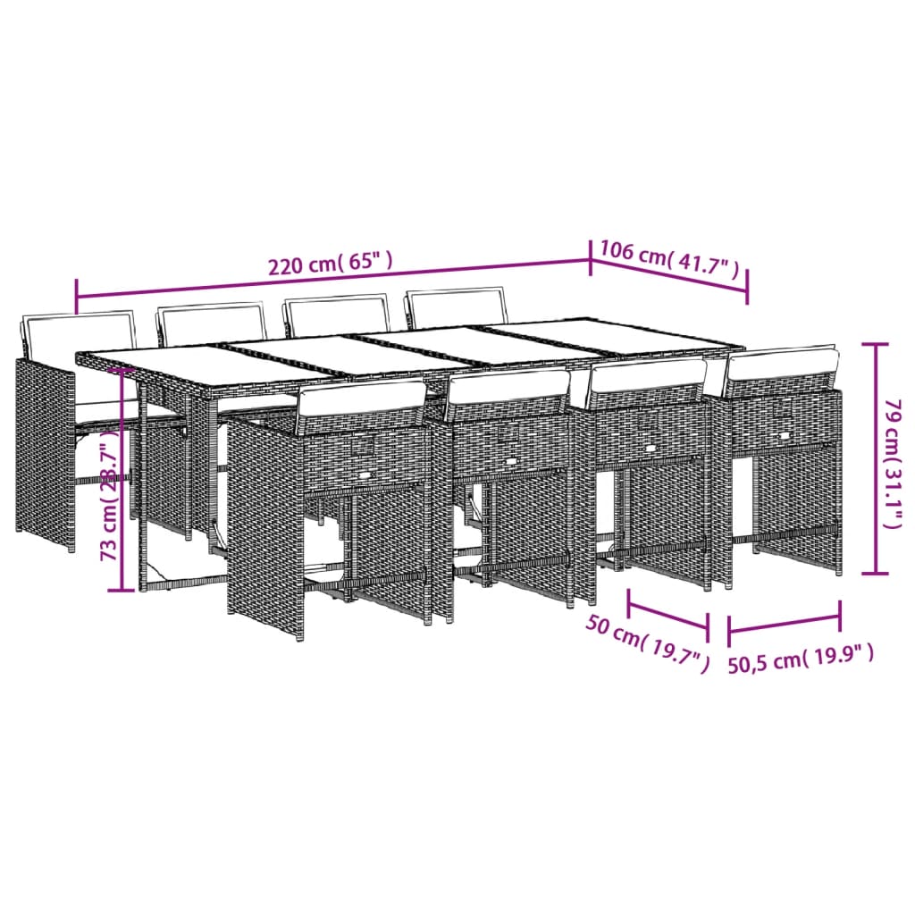 9 pcs conjunto de jantar p/ jardim c/ almofadões vime PE preto