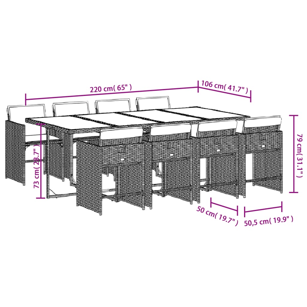 9 pcs conjunto de jantar p/ jardim c/ almofadões vime PE cinza