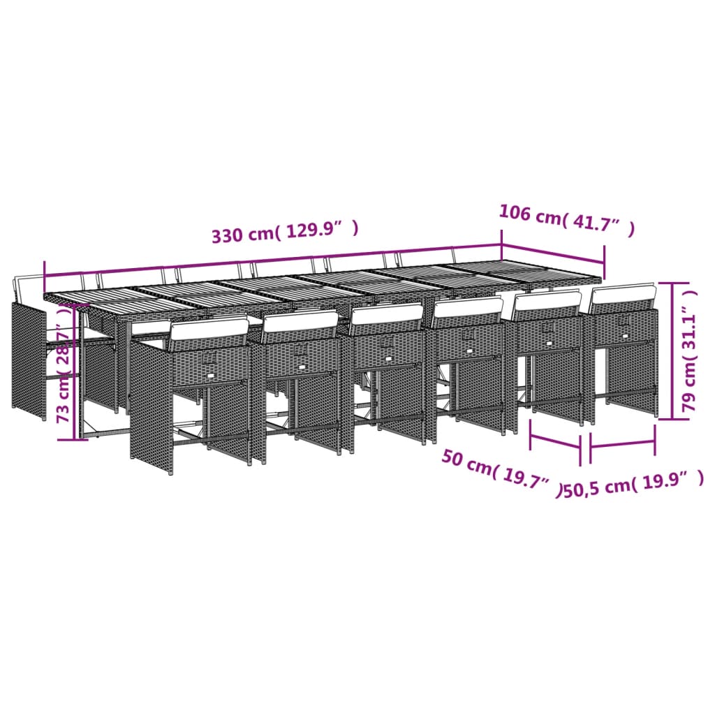 13 pcs conjunto jantar p/ jardim c/ almofadões vime PE cinzento