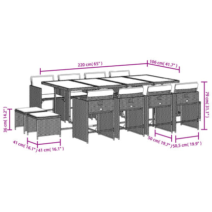 13 pcs conjunto jantar p/ jardim c/ almofadões vime PE cinzento