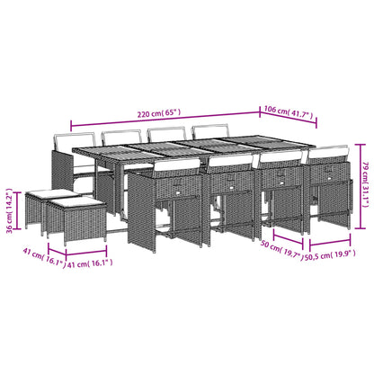 13 pcs conjunto de jantar p/jardim com almofadões vime PE preto