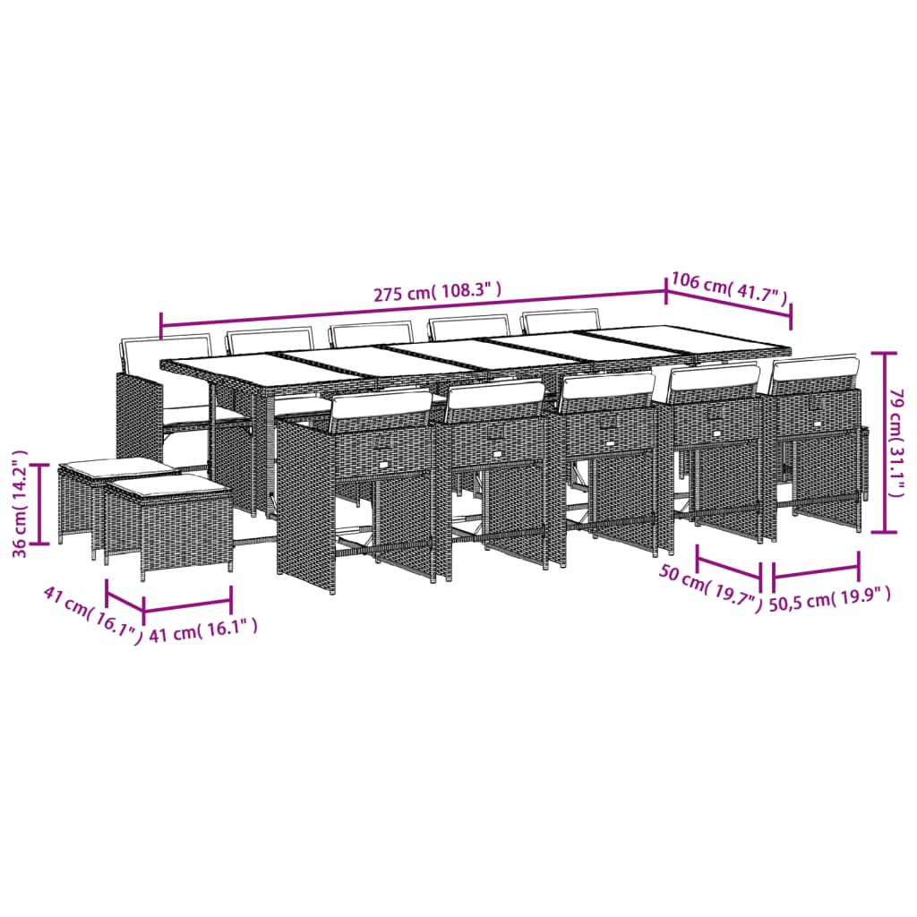 15 pcs conjunto de jantar p/jardim com almofadões vime PE preto