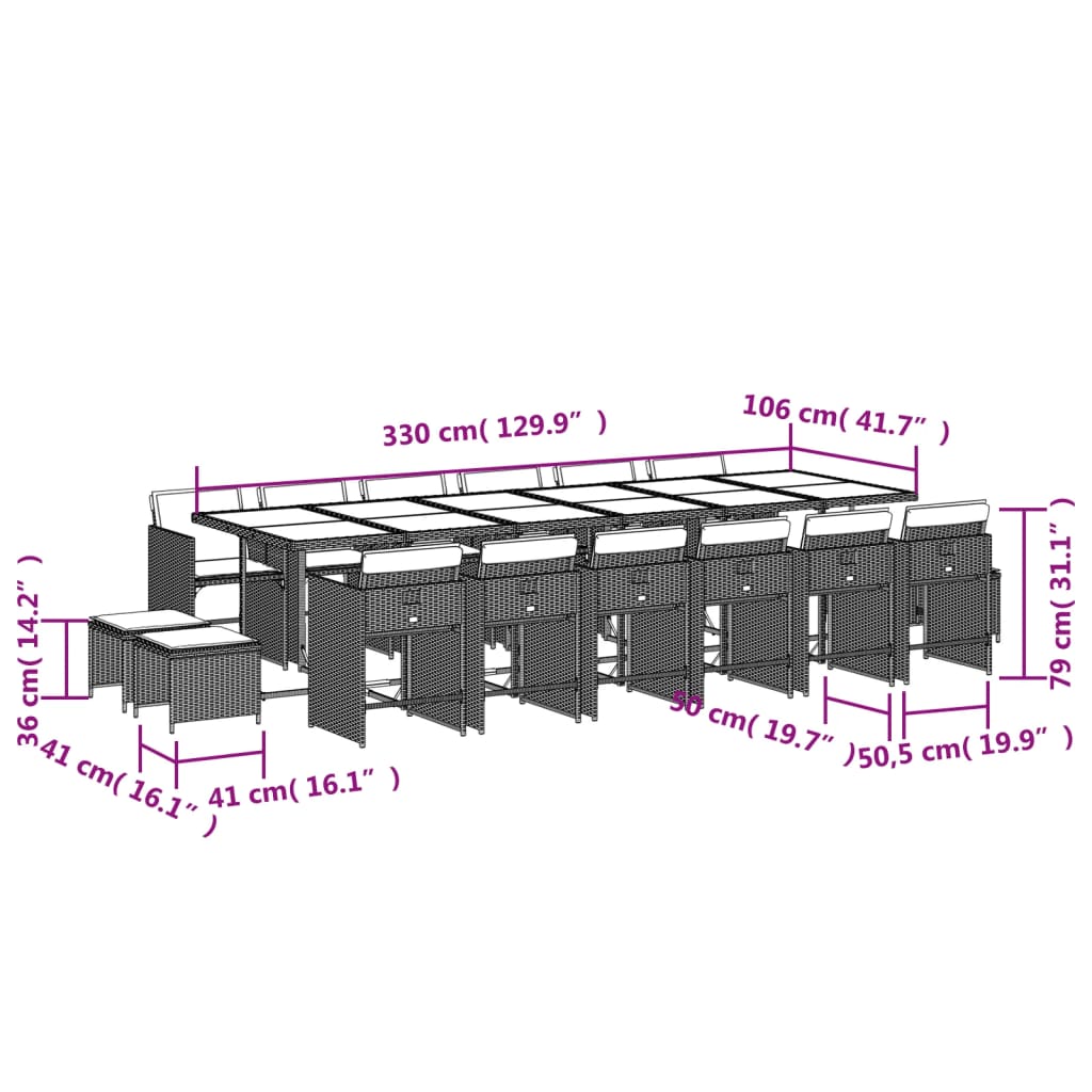 17 pcs conjunto de jantar p/ jardim c/ almofadões vime PE preto