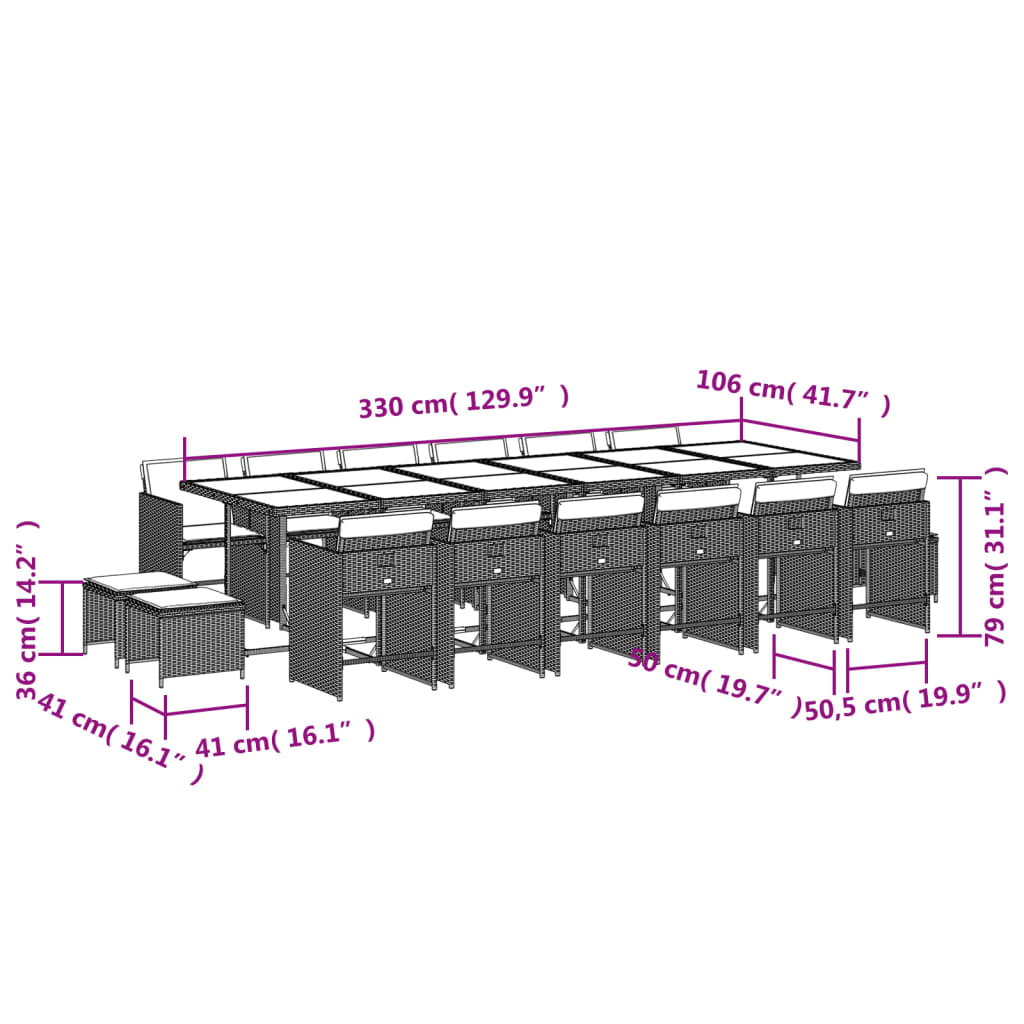 17 pcs conjunto de jantar p/ jardim c/ almofadões vime PE cinza