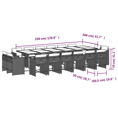 17 pcs conj. jantar jardim c/ almofadões vime PE cinzento-claro