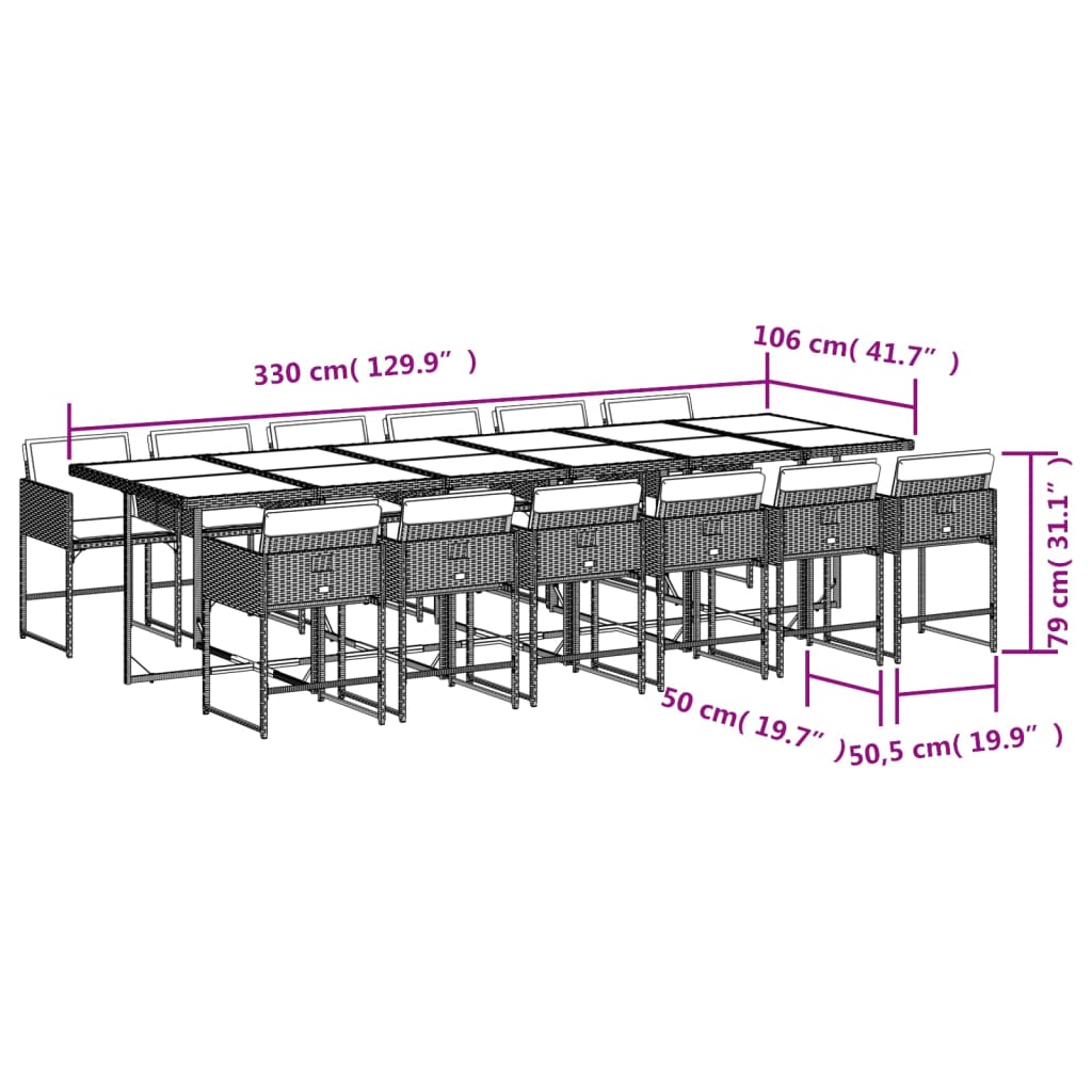 13 pcs conj. jantar jardim c/ almofadões vime PE cinzento-claro