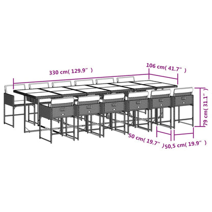 13 pcs conj. jantar jardim c/ almofadões vime PE cinzento-claro