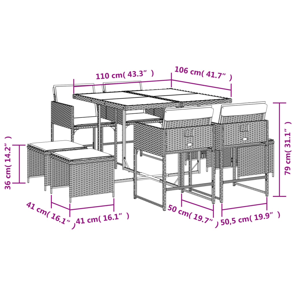 9 pcs conjunto de jantar p/ jardim com almofadões vime PE bege