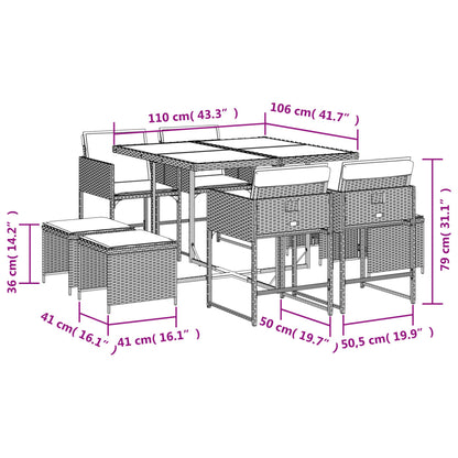 9 pcs conjunto de jantar p/ jardim com almofadões vime PE bege