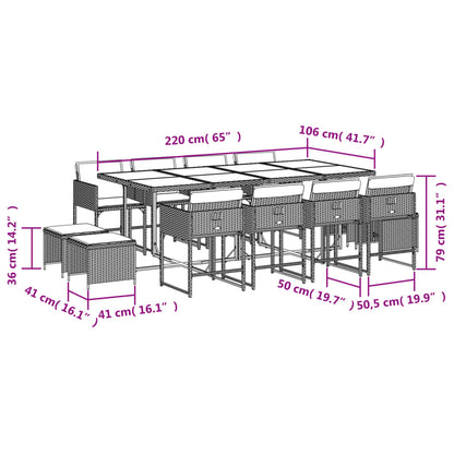 13 pcs conjunto de jantar p/jardim com almofadões vime PE preto