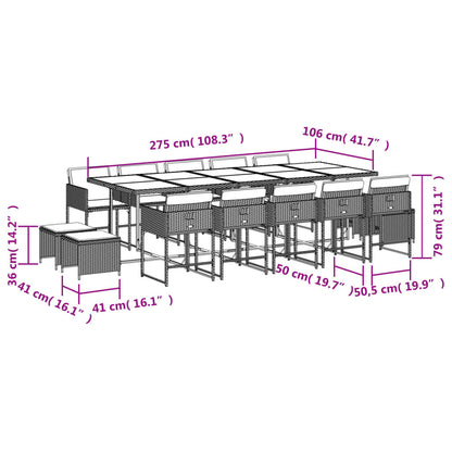 15 pcs conjunto de jantar p/jardim com almofadões vime PE preto