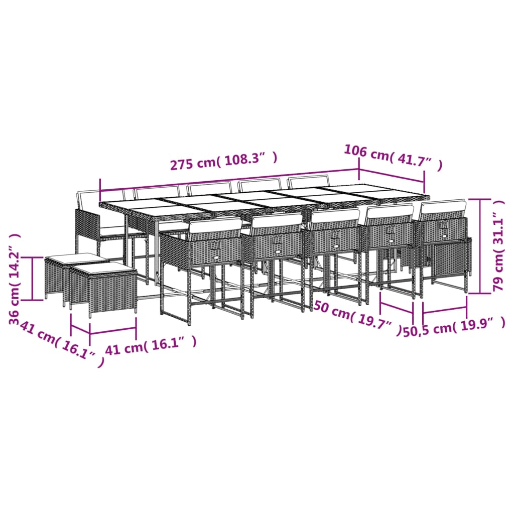 15 pcs conjunto de jantar p/ jardim com almofadões vime PE bege