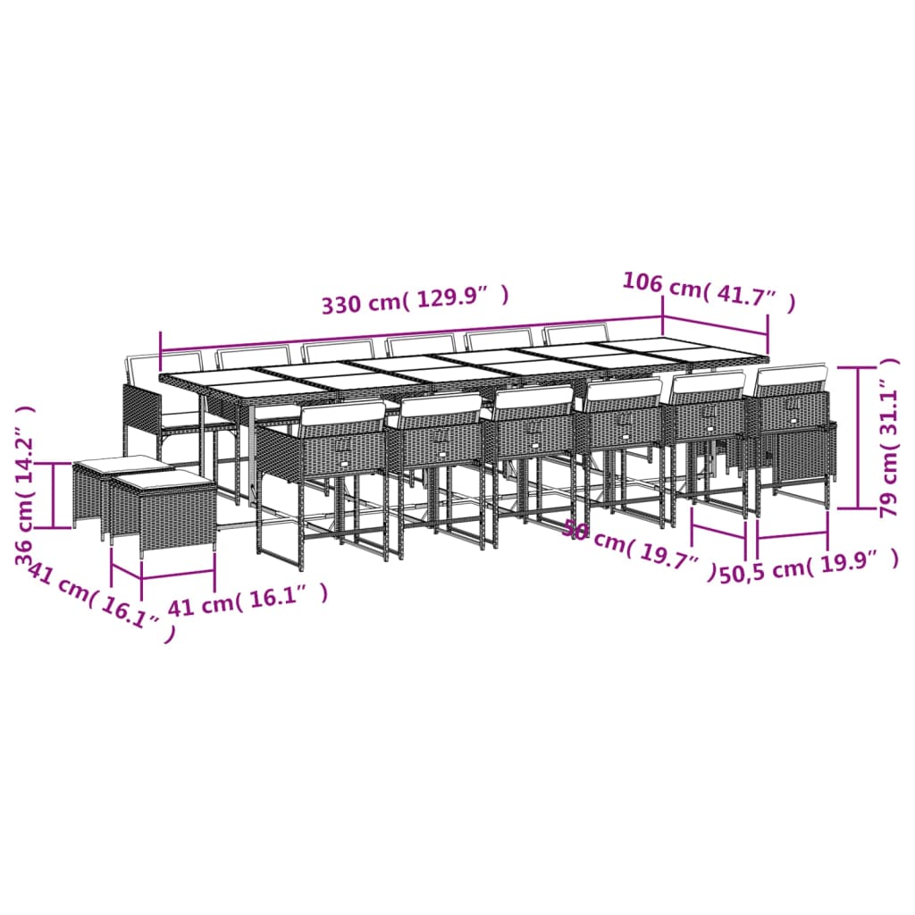 17 pcs conjunto de jantar p/ jardim c/ almofadões vime PE bege