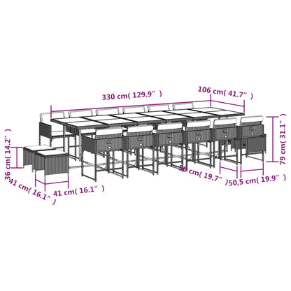 17 pcs conj. jantar jardim c/ almofadões vime PE cinzento-claro