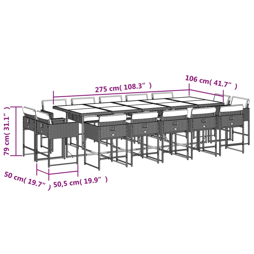 15 pcs conj. jantar jardim c/ almofadões vime PE cinzento-claro