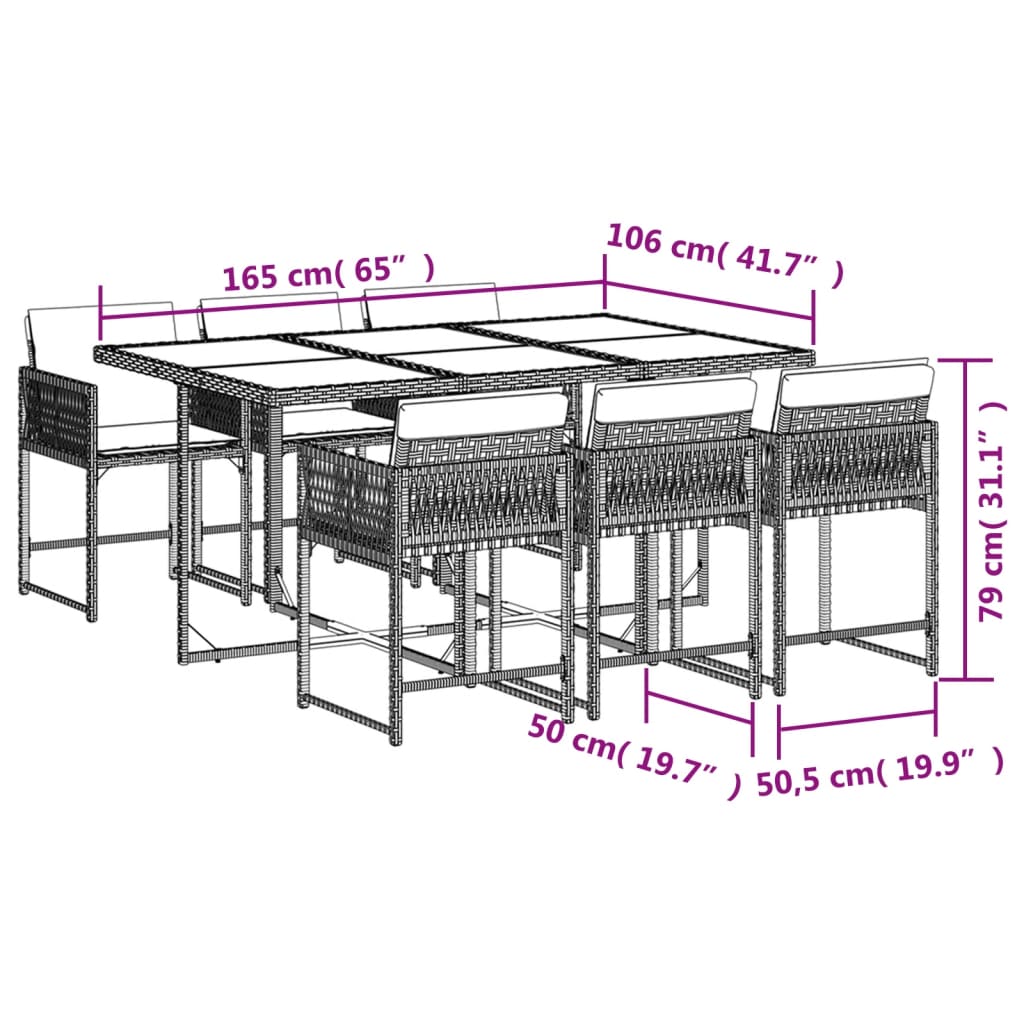 7 pcs conjunto de jantar p/ jardim c/ almofadões vime PE cinza