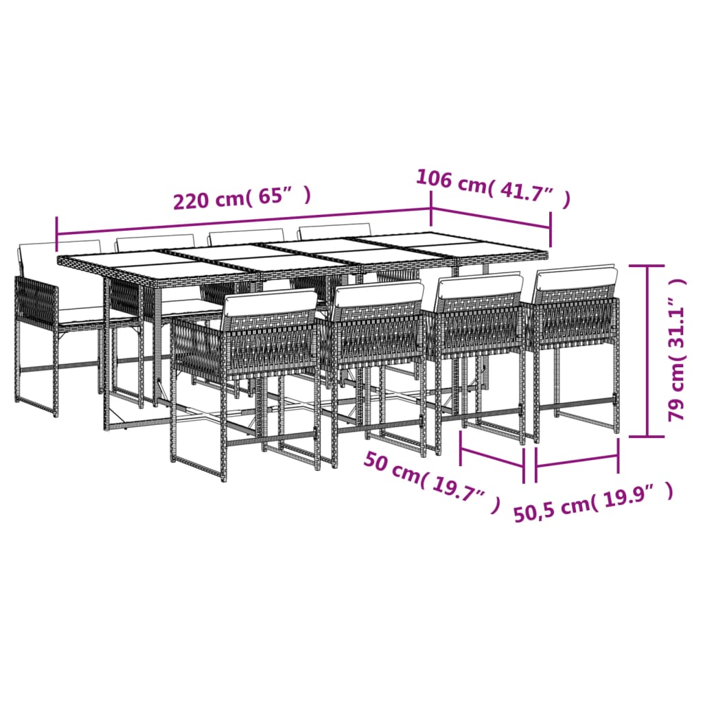 9 pcs conjunto de jantar p/ jardim c/ almofadões vime PE cinza