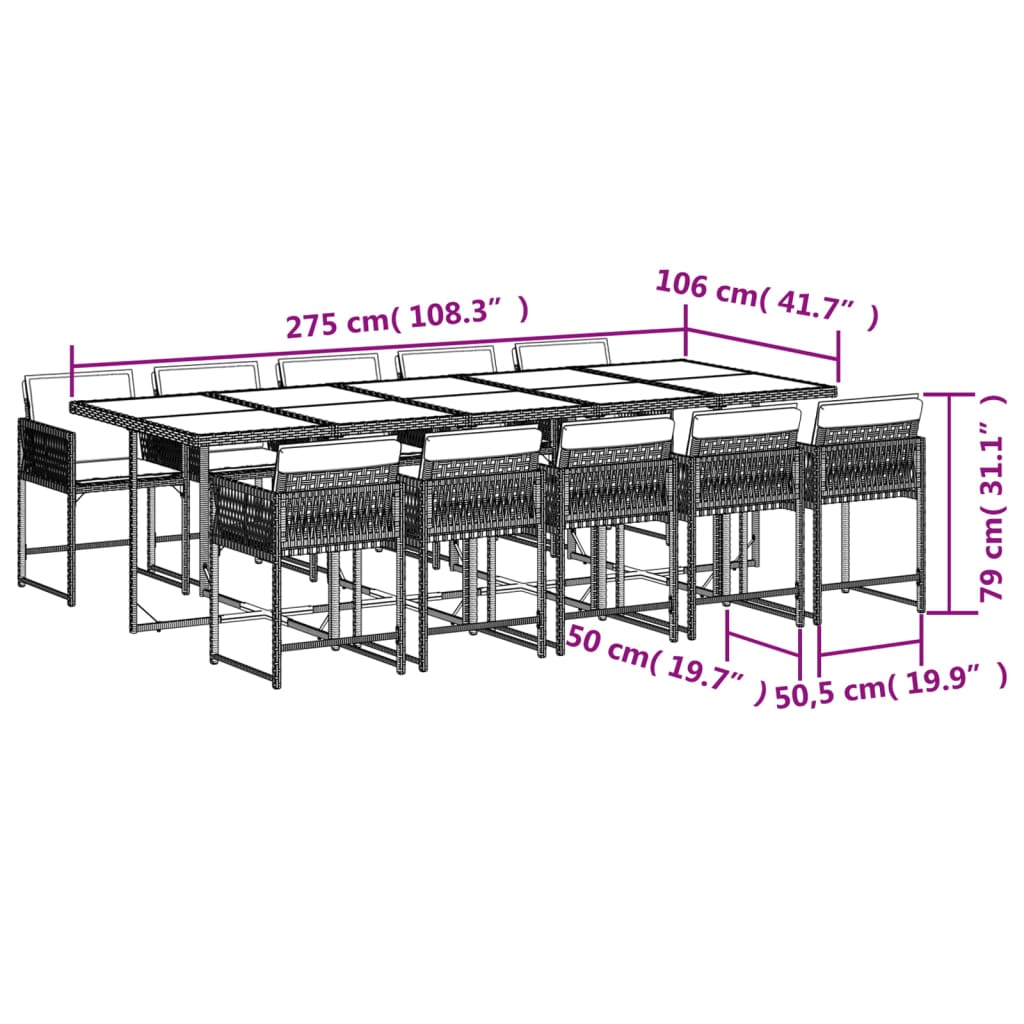 11 pcs conjunto de jantar p/ jardim c/ almofadões vime PE preto