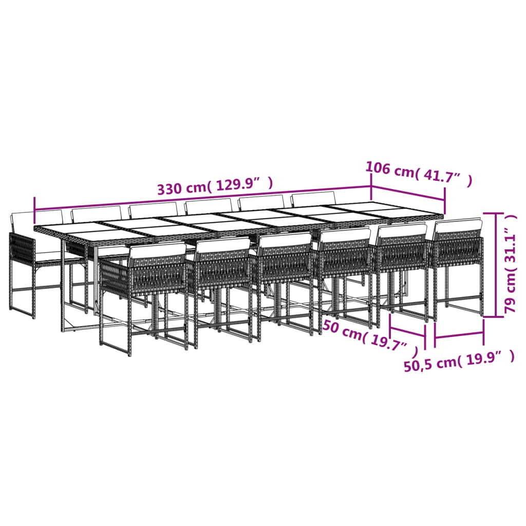 13 pcs conjunto de jantar p/jardim com almofadões vime PE preto