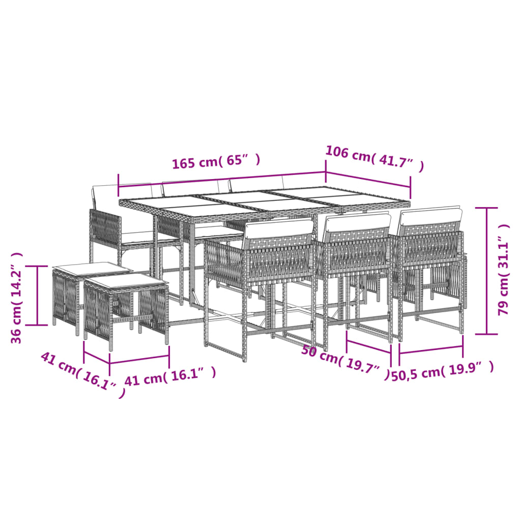 11 pcs conjunto de jantar p/ jardim com almofadões vime PE bege