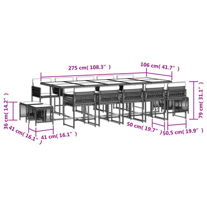 15 pcs conjunto jantar p/ jardim c/ almofadões vime PE castanho