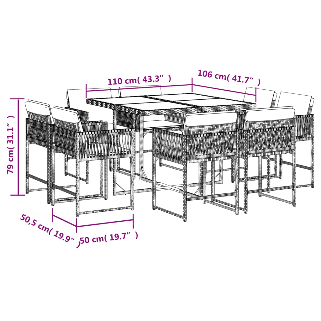 9 pcs conjunto jantar p/ jardim c/ almofadões vime PE castanho