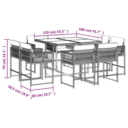 9 pcs conjunto jantar p/ jardim c/ almofadões vime PE castanho