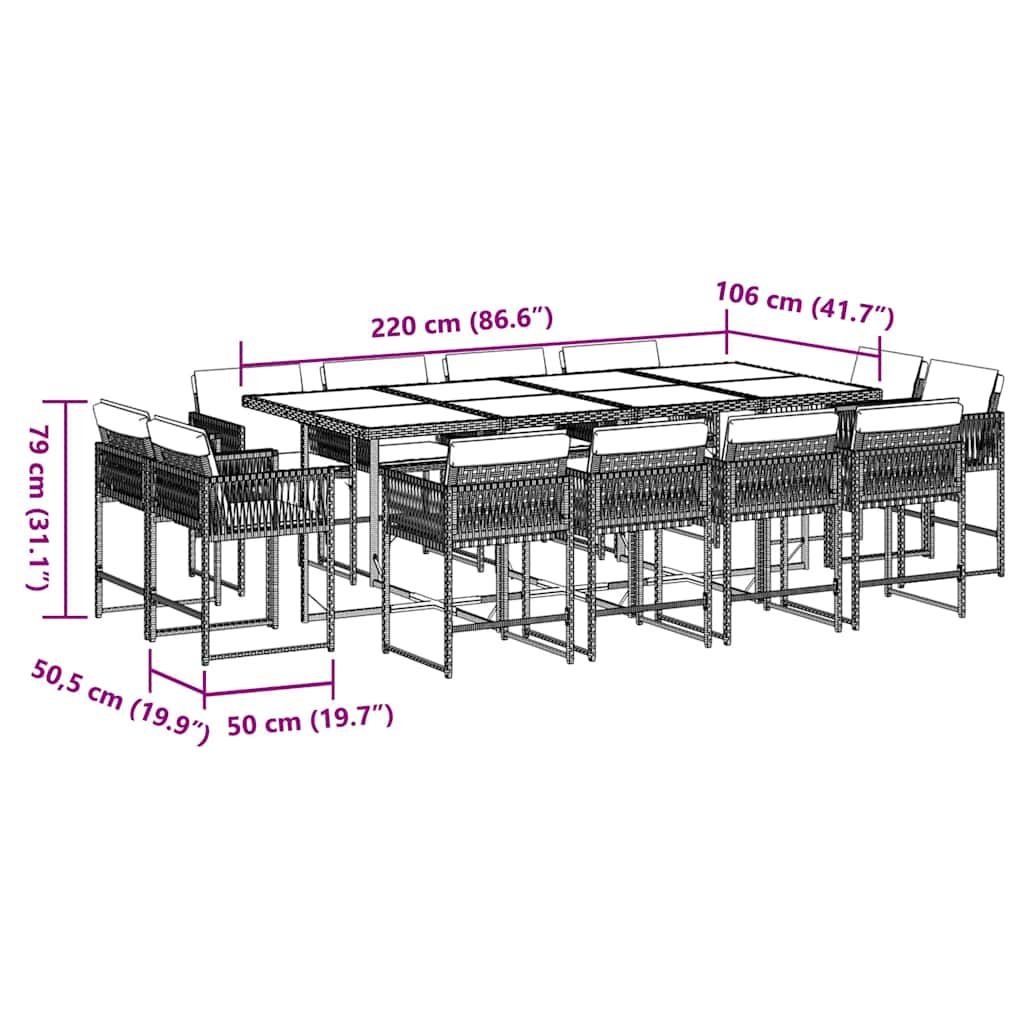 13 pcs conjunto de jantar p/jardim com almofadões vime PE preto