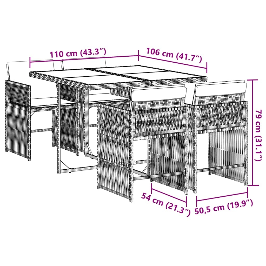 5 pcs conjunto de jantar p/ jardim c/ almofadões vime PE cinza