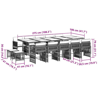 15 pcs conjunto de jantar p/jardim com almofadões vime PE preto