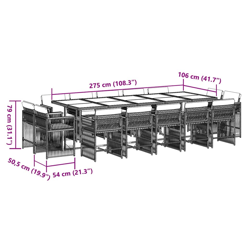 15 pcs conjunto de jantar p/jardim com almofadões vime PE preto